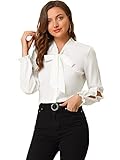 Allegra K Damen Elegante Fliege Rüschen Langarm Arbeits Chiffon Hemd Oberteil Bluse Weiß L