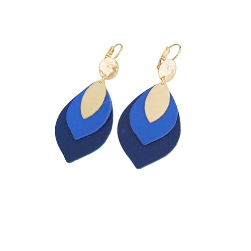 Boucles d'oreilles feuilles en cuir bleu et doré, un bijou artisanal chic et élégant