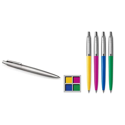 Parker 1953170 Jotter Ballpoint Pen, Stainless Steel with Chrome Trim, Medium Point Blue Ink, Gift Box & Parker Jotter Originals Ballpoint Pen Collection, Medium Point, Black Ink, 4 Count