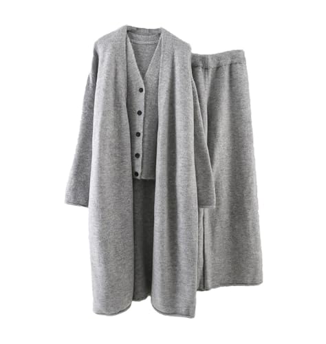 Ensemble 3 pièces tricot femme avec gilet simple boutonnage manteau et pantalon long