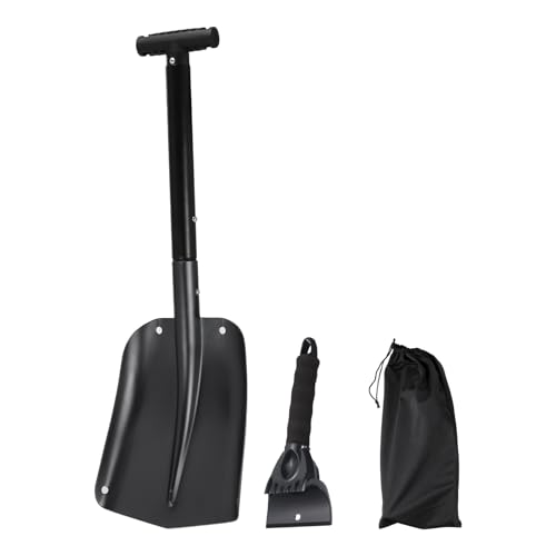 sourcing map Pala de nieve 3 en 1 de aluminio para quitar hielo, kit de eliminación de nieve de emergencia con bolsa de almacenamiento para coche, camping, jardinería, color negro