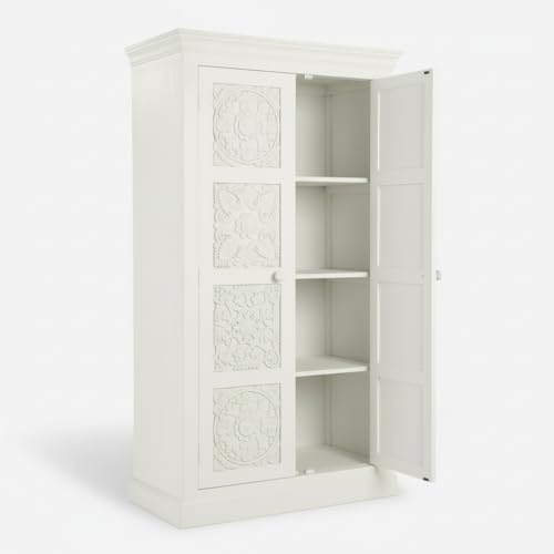 Image of APRODZ Floreale Mango Wood Wardrobe for Bedroom 2-Door Modular Wooden Almirah for Storage /Space Saving Storage Organizer Rack Clothes Cupboard for Bedroom (White Finish)