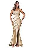 Fashionbride Sparkly Champagne Sequin Prom Dress Long Mermaid Satin Bridesmaid Dresses for Women Strapless Corset Pleated Split Ball Gown Size 8