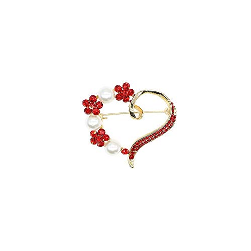TULIP LY Heart Brooch for Women Cluster Pave Clear Crystal Love Heart Pearl Brooch Pin Wedding Party Clothes Accessories (Gold red Crystal+White Pearl)