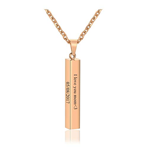 Zysta Engraving 3D Bar Name Necklace Personalized Text Message Cool Simple Design Women Customized Dangle Vertical Cuboid Stick Pendant Necklaces Stainless Steel Birthday Gift