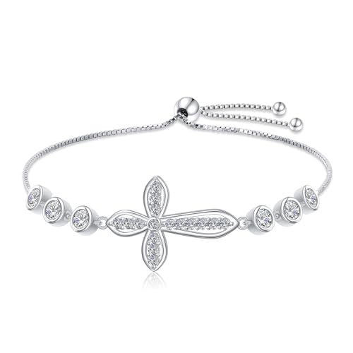 Ladytree 925 Sterling Silver Cross Bracelet for Women Adjustable God Faith Christian Jewelry Gift