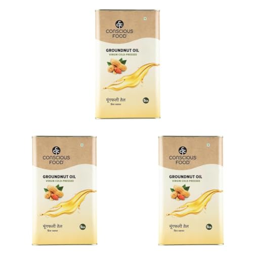 Image of Conscious Food Cold Pressed Groundnut Oil | 5 Litre | Peanut Oil | Natural | Cooking Oil | Kolhu /Kacchi Ghani /Chekku | Mungfali tel (Pack of 3)