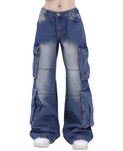 Baggy Jeans for Women Men Y2K Cargo Denim Sweatpants Low Rise Wide Leg Pants Streetwear Hip Hop Clothes