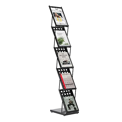 5 Pockets Folding Magazine Rack Foldable Magazine Display Racks Floor Standing 5 Layers Brochure Display Stand Black Portable A4 Flyer Holder for Literature Exhibition Trade Show Office (5 Pockets)