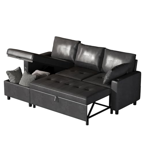 YODOLLA Schlafsofa 3-in-1, Umschaltbare Chaiselongue Sofa, Leder Schlafsofa mit Bettkasten, USB-Ports & Tassenhalter, Ausziehsofa für Wohnzimmer & Wohnung (Schwarz) YODOLLA Schlafsofa 3-in-1, Umschaltbare Chaiselongue Sofa, Leder Schlafsofa mit Bettkasten, USB-Ports & Tassenhalter, Ausziehsofa für Wohnzimmer & Wohnung (Schwarz)