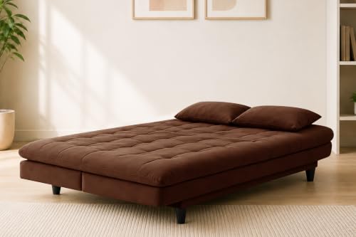 Image of Los Angeles Modern Convertible Futon Sofa Bed, Tufted Upholstered Folding Couch with Adjustable Backrest, Space Saving Sleeper Sofa for Living Room, Apartment, Office, Dorm & Guest Room - Brown