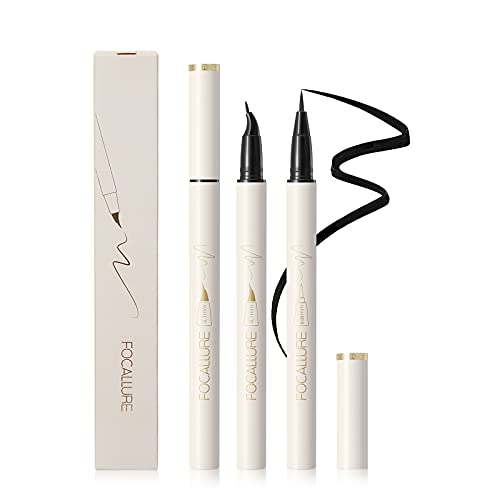 FOCALLURE 2 Pcs Thin Black Liquid Eyeliner Pen,Super Slim Long-Lasting Eye Liner,Waterproof Smudgeproof Ink Eyeliner Pen with 150Âº Arc-shaped Felt Tip Design,Quick Drying Eyeliner for Women