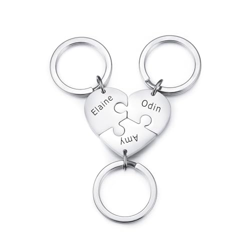 INBLUE Personnalisé 2-5 Noms Coeur Puzzle Pièce En Acier Inoxydable Porte-clés Ensemble Nom Personnalisé Porte-clés Cadeaux pour Les Femmes (Argent - 3 pièces)