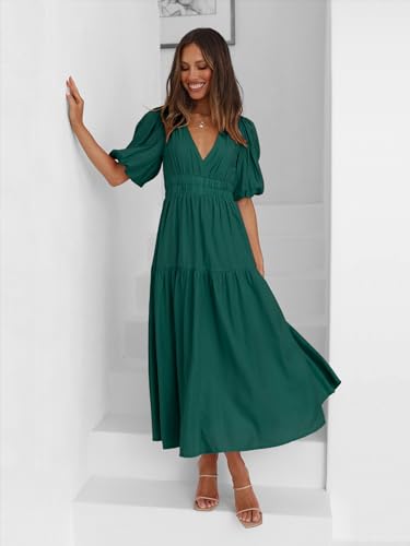 Image of Women's Summer Deep V Neck Puff Short Sleeve Tiered Maxi Dress Flowy A Line Long Dresses