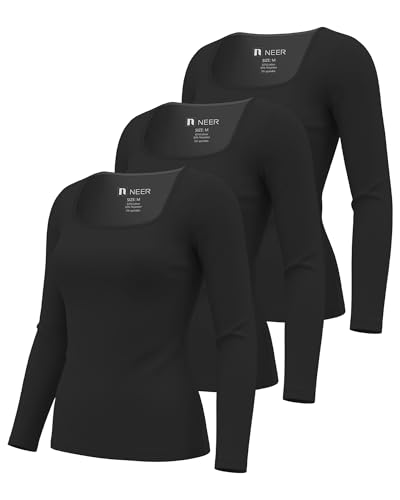 Neer 3 Pack Womens Underscrub Shirts Long Sleeve Square Neck Tops Scrub Tee Comfort Basic Layering Clothes for Nurse(Black, Black, Black,Medium)