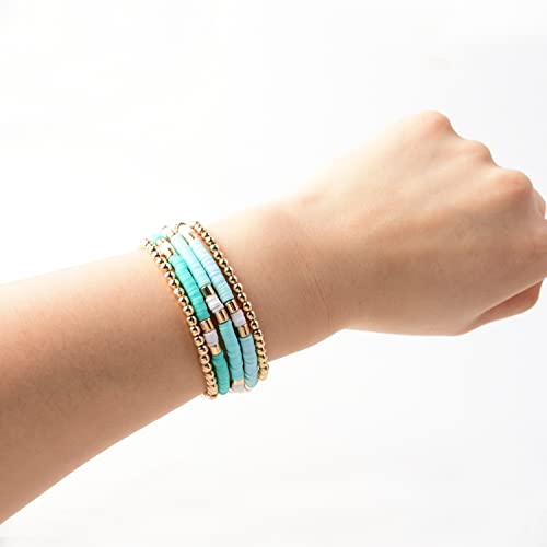 Goojids Surfer Heishi Clay Bead Bracelets For Women Bohemian Stackable Light Blue Vinyl Disc Beaded Stretch Bracelets Elastic Layering Friendship Bracelets Jewelry Gifts #TOP2