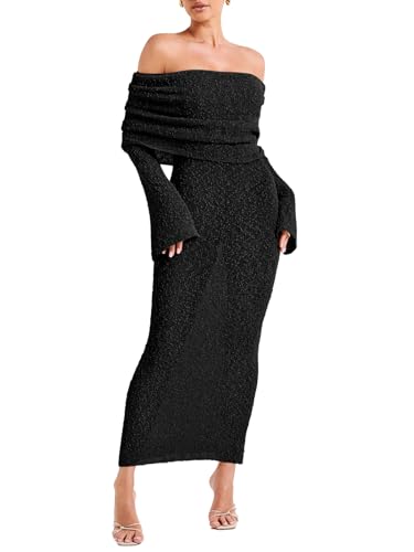 Womens Off Shoulder Bodycon Maxi Dress Bell Long Sleeve Sexy Strapless Sheer Dress Beach Swimsuit Coverup
