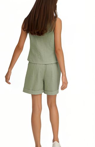 Summer Casual Women's 2 Piece Suit Elegant Linen V Neck Sleeveless Vest Shorts Set Office Workout Outfits4