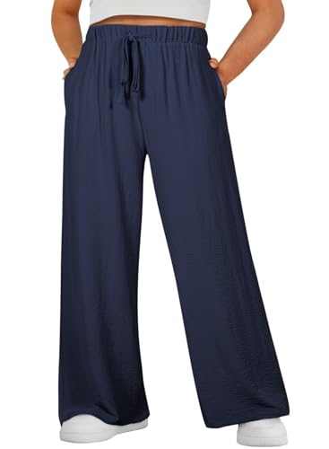 Eytino Womens Plus Size Pants Summer Elastic High Waist Drawstring Casual Loose Wide Leg Trousers Pants with Pockets 3X Navy Blue