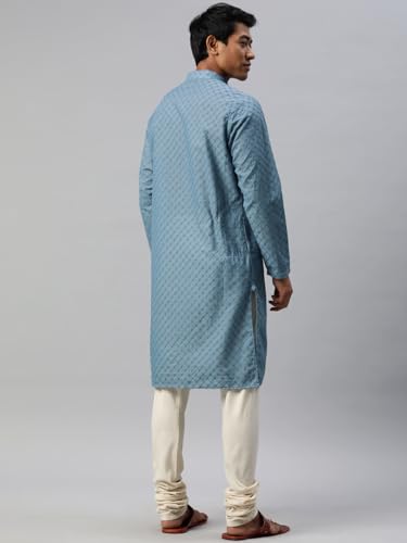 Image of Majestic Man Men's Cotton Blend Regular Fit Casual Polyester Mandarin Collar Ethnic Motifs Embroidered Long Regular Kurta