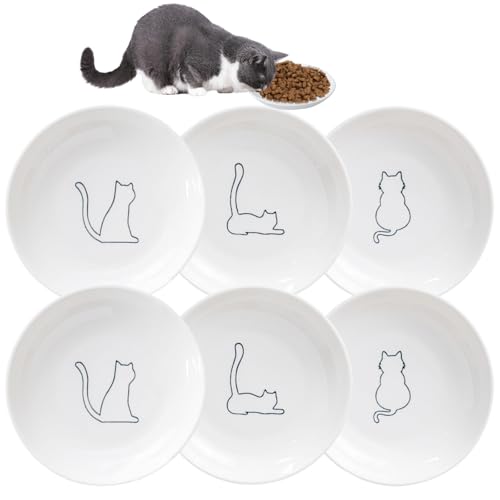 Katzennapf Keramik, 6 Stück Flacher Futternapf Katze Set im modernen Design, Katzennapf Flach zur Vorbeugung von Schnurrhaar-Stress, Cat Bowl für Futter und Wasser,für Katzen und Kleintiere