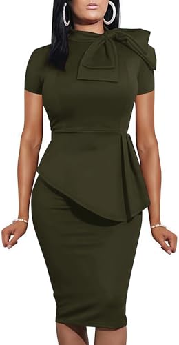 Church Dress for Women Fashion Peplum Bodycon Short Sleeve Work Dresses Bow Club Ruffle Pencil Formal Cocktail Dress Olive X-Large