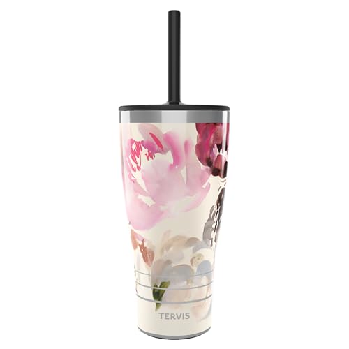 Tervis Traveler Kelly Ventura Floral Collection Triple Walled Insulated Tumbler Travel Cup Keeps Drinks Cold & Hot, 30oz - with Straw Lid - Stainless Steel, Posy
