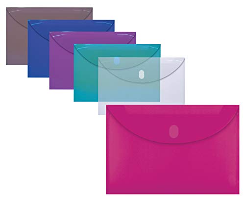 36 Plastic Reusable Envelopes, Extra Large A4 Size, Assorted Colors, Transparent, Side Loading, with 1" Gusset for Extra Capacity, Hook and Loop Closure, by Better Office Products (Extra Large)