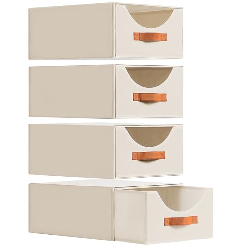 DIMJ Stackable Closet Drawers Organizers - 4 Pack Fabric Basket Foldable Clothing Storage Bins with Reinforced Handles for Wardrobe, Bedroom, Dresser,Shelves (Beige) by DIMJ - Used condition - CA$32.69