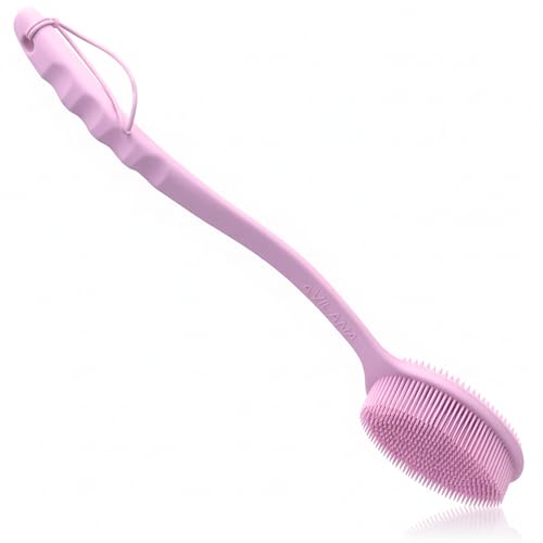 Avilana Exfoliating Silicone Body Scrubber Easy to Clean, Lathers Well, Long Lasting, and More Hygienic Than Traditional Loofah (Long Handle-Pink)