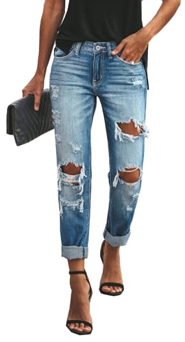 Women's Ripped Mid Waisted Boyfriend Jeans Loose Fit Distressed NO Stretchy Denim Pants