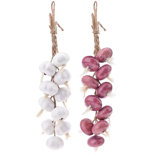 Gresorth 2 Pcs Artificial Ceramics Garlic String Fake Vegetable Hanging Rope Decoration Lifelike Faux Onion Display for Photography Prop Windowsills Restaurant