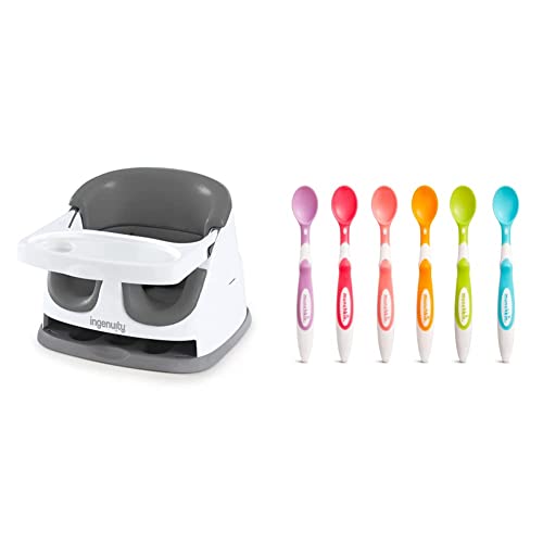 Ingenuity Baby Base 2-in-1 Seat, Slate, Booster Chair, Dining and Feeding Seat for Toddlers, Ages 6 Months+ (Pack of 1) & Munchkin Soft Tip Infant Spoons, Pack of 6