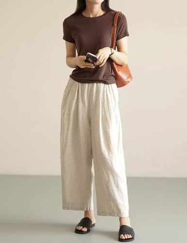 Yeokou Womens Linen Pants Summer Casual Capris Cropped Wide Leg Beach Trousers with Pockets(Beige-S)2