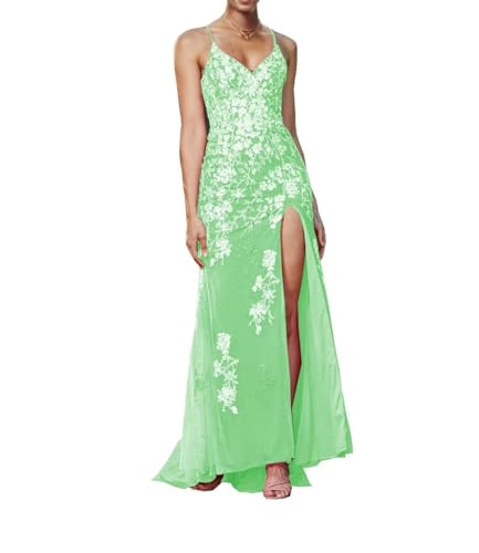 Image of Long Spaghetti Straps Tulle Mermiad Prom Dress V Neck Lace Appliques Formal Dress with Slit SF203