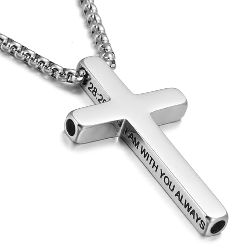 RWQIAN Breathing Cross Necklace for Men,Sliver Chain Matthew 28:20 Bible
