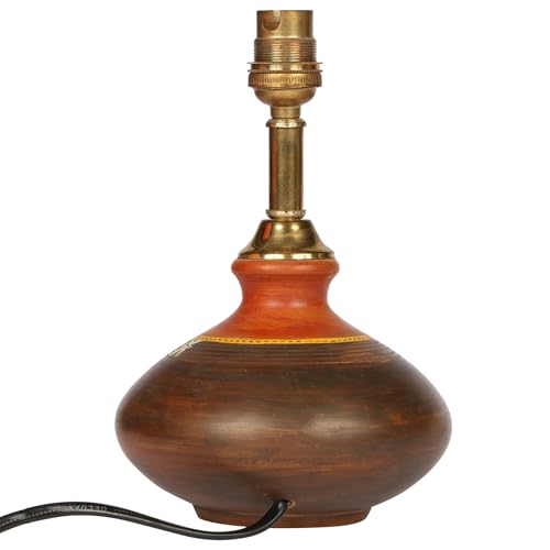 Image of AAKRITI ART CREATIONS Terracotta Table Lamp for Study Room, Bedroom & Living Room Decoration | Floral Hand-Painted Leaf Motif Bedside Lamp with Cotton Fabric Shade | Aesthetic Night Lamp