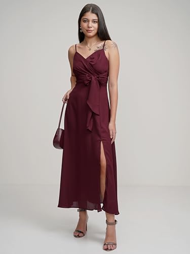 Image of Tokyo Talkies Women's Maxi Length | Strappy Design | High Slit | Flowy Silhouette Glamorous | Bold Thigh-High Slit for Effortless Elegance