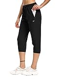 Womens Lightweight Joggers Capri Pants UPF 50+ Hiking Pants Sun Protect Capris for Summer(Black,L)