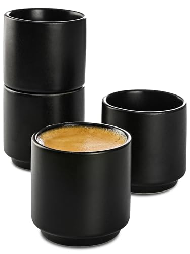 Cosumy Stackable Espresso Cups - 4 Black Ceramic Coffee Cups - Minimalist & Elegant Design - Heat Resistant - Thick Walled - Dishwasher Safe - 80ml / 2.7oz