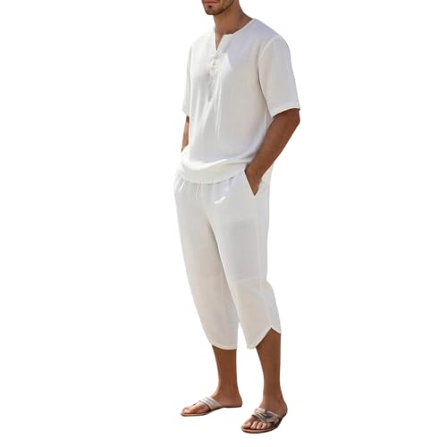 Rrongwn Conjunto de verano para hombre, 2 piezas, algodón y lino, camiseta de manga corta con cuello en V, tira de botones y pantalones 3/4, traje de ocio suelto para vacaciones, playa, ropa de calle