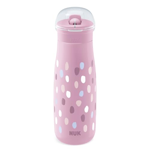 NUK Mini-Me gourde pour enfant/bébé avec paille et couvercle | 12+ mois | 450 ml | Tasse pour enfant anti-fuite | Résistant aux chocs | Taches roses
