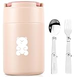 HOUSETEC Food Flask - 600ML Insulated Lunch Box with Foldable Fork& Spoon, Leak Proof Soup Flask, Portable Wide Mouth Soup Containers for Outdoors, Indoors (Pink)