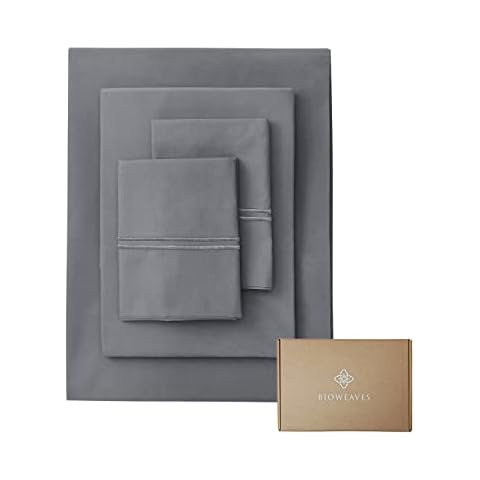 BIOWEAVES 100% Organic Cotton Percale Weave Sheets Queen – Crisp, Soft & Naturally Cooling, 300 Thread Count GOTS Certified Sheets for Queen Size Bed with 17” Deep Pocket – 4 Piece Set, Steel Grey Cover