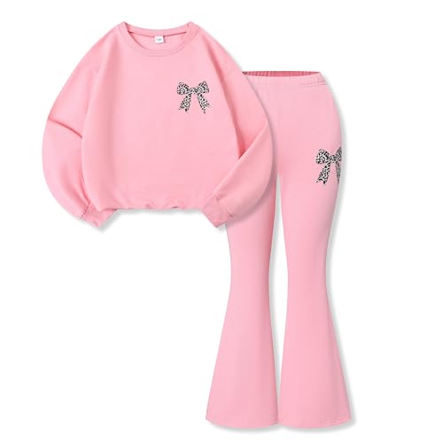 Image of Tween Girls Clothes Long Sleeve Graphic Sweatshirt Top + Bow Knot Pants 2 Piece Outfit Set, Size 7-16Years