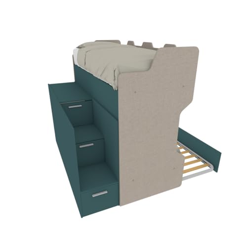 MOBILFINO CAMERETTE Litera con escalera de almacenamiento y tercera cama extraíble – Dormitorio para ahorrar espacio – Efecto tela y verde petróleo, con cama extraíble