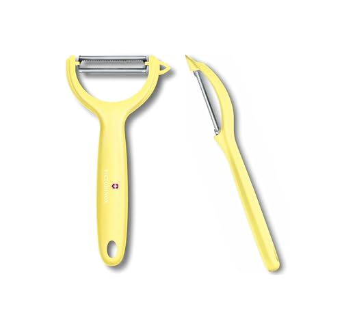 Victorinox Lot de 2 éplucheurs universels pour fruits et légumes - Extra tranchant - Lame dentelée/double tranchant - Poignée ergonomique - Édition limitée - Jaune clair