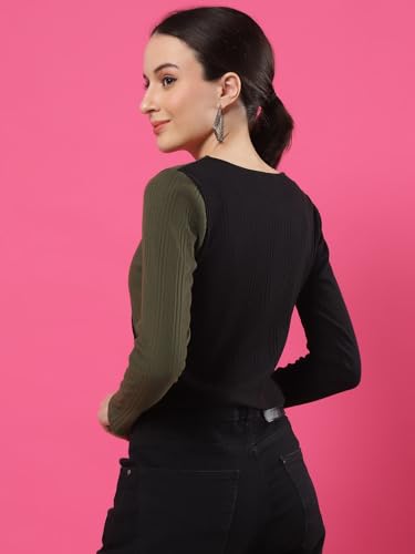 Image of Rigo Casual Wear V Neck Rib Knit Top for Women | Slim Fit Long Sleeves Western Tops for Women