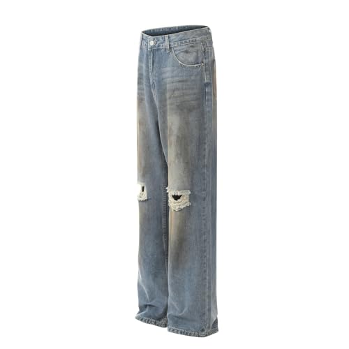 Jeans Pants Trouser Denim Trendy Street Hole Washed Blue Grinding Fading Dirty Spray Printed Casual Straight Leg for Men(Blue,XXL)3
