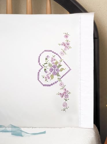 Tobin Stamped Pillowcase Pair Stamped Cross Stitch Kit for Embroidery, 20 by 30-Inch, Lilac Heart, Model: 232013